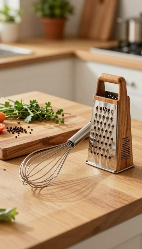 A beautifully arranged kitchen countertop showcasing an elegant "schneebesen" (whisk) and a finely crafted "reibe" (grater) from the brand Ordnungskiste. In the foreground, the shiny stainless-steel whisk, with its sleek, thin wires glistening under warm, natural light, sits next to a textured wooden grater, its surface reflecting craftsmanship and durability. The middle ground features a rustic, wooden cutting board on which fresh ingredients like herbs and spices are artfully scattered, enhancing the organic feel. The background reveals a softly blurred kitchen environment with warm colors, plants in pots, and subtle hints of kitchen tools, creating an inviting atmosphere. Capture this scene with a slightly elevated angle to emphasize the tools' quality and function, evoking a sense of warmth and authenticity without any textual elements or distractions.