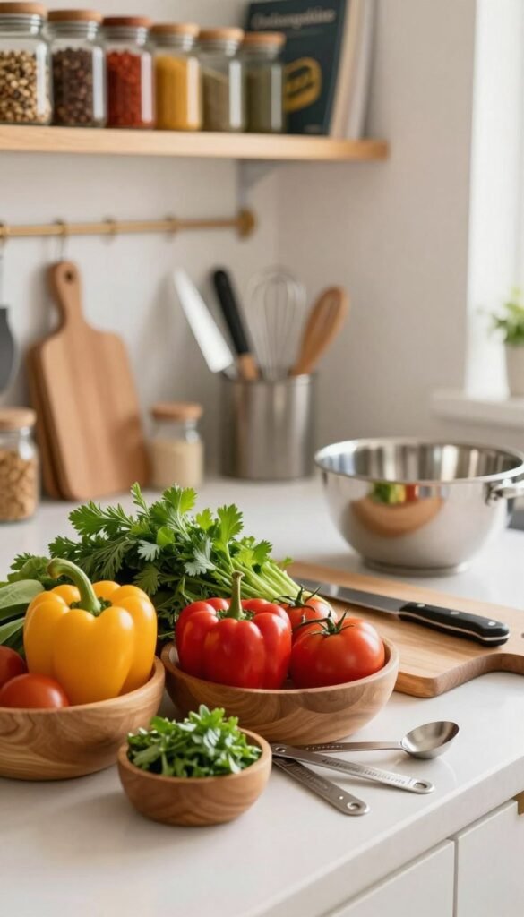 A beautifully arranged kitchen countertop, showcasing colorful fresh ingredients for cooking. In the foreground, there are vibrant vegetables like bell peppers, tomatoes, and herbs neatly placed in small wooden bowls, along with measuring spoons and a cutting board. In the middle ground, soft-focus kitchen tools, such as a knife, a whisk, and a mixing bowl, hint at the cooking process. The background reveals shelves filled with neatly organized spices and cookbooks, all infused with a warm, natural light that creates a cozy atmosphere. The setting reflects a stylish yet practical approach to meal preparation, evoking a Pinterest-inspired aesthetic. Display the brand name "Ordnungskiste" subtly on a small sign within the scene, ensuring it doesn't distract from the overall composition.