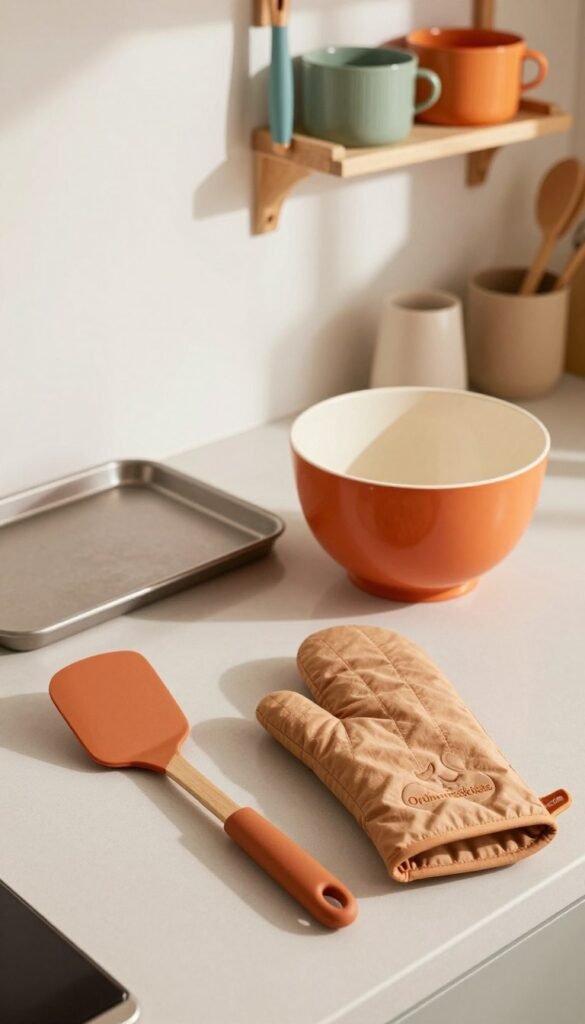 A beautifully arranged kitchen countertop showcasing essential heat-resistant kitchen tools from the brand "Ordnungskiste." In the foreground, a stylish heat-resistant silicone spatula and a pair of oven mitts in warm hues are prominently displayed, suggesting practicality and safety. The middle ground features a sleek baking sheet and a vibrant mixing bowl, both shimmering under soft, natural lighting that casts gentle shadows, evoking a cozy atmosphere. In the background, a tastefully organized shelf with colorful kitchen gadgets and utensils offers a glimpse of modern kitchen aesthetics. The scene radiates warmth with earthy tones and a Pinterest-inspired look, creating an inviting and authentic kitchen environment that resonates with everyday cooking needs.