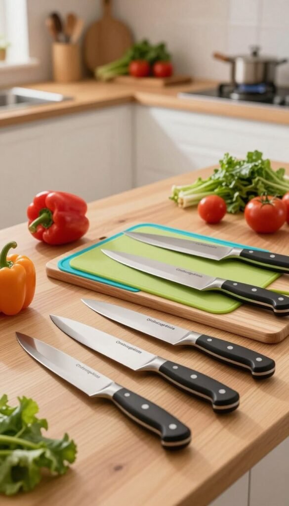 A beautifully arranged kitchen countertop showcasing high-quality kitchen knives from the brand "Ordnungskiste". In the foreground, a variety of knives gleam under soft, natural light, highlighting their sharp blades and ergonomic handles. In the middle, there are colorful chopping boards made from wood and silicone, along with fresh vegetables like vibrant bell peppers, leafy greens, and ripe tomatoes casually sprawled. In the background, a cozy kitchen setting with warm woods and soft pastel walls creates a welcoming atmosphere. The overall composition evokes a sense of family-friendly cooking, blending functionality with style. The scene is designed to appear authentic, reminiscent of a Pinterest post, emphasizing a warm, inviting mood without any text or distractions.