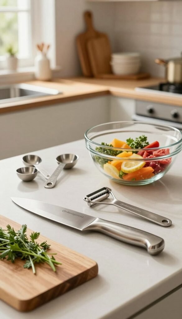 A beautifully arranged kitchen countertop showcasing high-quality kitchen tools from the brand "Ordnungskiste." In the foreground, emphasize a sleek, stainless-steel chef's knife, a wooden cutting board with fresh herbs, and an ergonomic vegetable peeler. In the middle, include a set of elegant measuring spoons and a glass mixing bowl filled with vibrant, colorful ingredients. The background should feature soft-focus shelves displaying additional kitchen tools and a cozy, inviting kitchen atmosphere, infused with warm, natural lighting from a window. Capture a Pinterest-inspired aesthetic with an authentic and homely feel, avoiding any text or branding clutter in the image. The overall mood should be inspiring and appealing to aspiring home chefs looking for durable kitchen tools.