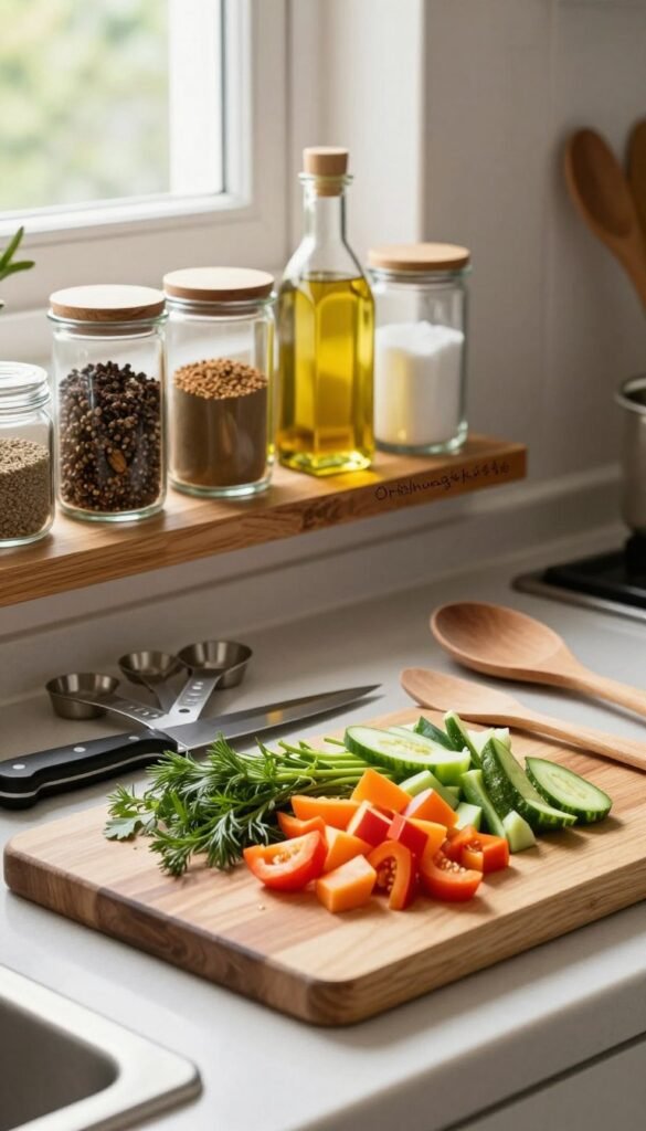 A beautifully arranged kitchen countertop showcasing the essence of "mise en place". In the foreground, there's a wooden cutting board with fresh, colorful chopped vegetables and herbs, and a set of neatly aligned kitchen tools such as a knife, measuring cups, and a wooden spoon. The middle layer features a few clear glass containers filled with various spices, oil, and salt, all organized on a rustic kitchen shelf. In the background, soft natural light streams in through a window, highlighting the warm, inviting tones of the kitchen. The overall mood is calm and organized, enhancing the idea of preparation that makes cooking enjoyable. Ensure to incorporate the brand name "Ordnungskiste" subtly within the arrangement, with a Pinterest-inspired aesthetic.