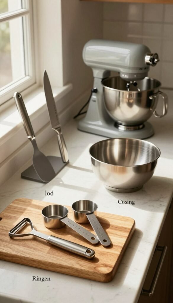 A beautifully arranged kitchen countertop showcasing three distinct pricing levels of kitchen tools, labeled low, mid, and high quality. In the foreground, a stylish wooden cutting board displays economical tools like a simple vegetable peeler and basic measuring cups, reflecting a cozy, inviting atmosphere with warm, natural lighting. The middle section features a sleek set of mid-range culinary utensils, including a stainless steel knife and a stylish mixing bowl, all harmonizing to create a modern and approachable appeal. In the background, luxurious high-end kitchen gadgets like a premium chef's knife and an ornate stand mixer sit elegantly on a marble surface, enhanced by soft, diffused sunlight filtering through a nearby window. The overall composition embodies a Pinterest-worthy aesthetic, emphasizing authenticity and warmth. Incorporate subtle branding of "Ordnungskiste" in a tasteful manner without distracting from the main elements.