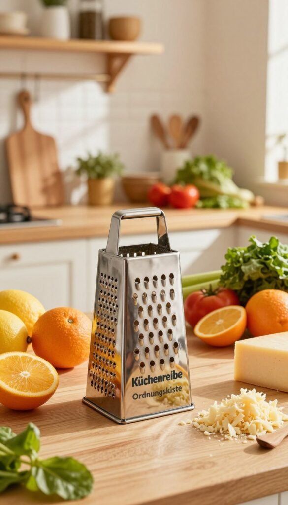A beautifully arranged kitchen scene featuring a "K&uuml;chenreibe" (grater) from the brand "Ordnungskiste" as the focal point. The grater is situated prominently in the foreground, gleaming metallic surface catching warm, natural light. Surrounding it, a vibrant array of fresh ingredients: tangy citrus fruits, freshly grated cheese, and colorful vegetables elegantly scattered in the middle ground. The background showcases a cozy, sunlit kitchen with wooden shelves and a few kitchen tools artistically displayed, evoking a warm and inviting atmosphere. The overall mood is homey and inspiring, reflecting a blend of functionality and aesthetic appeal, perfect for those just starting their culinary journey. The image should be captured from a slightly elevated angle, highlighting the textures and colors, with soft focus on the background to emphasize the grater and ingredients in the foreground.