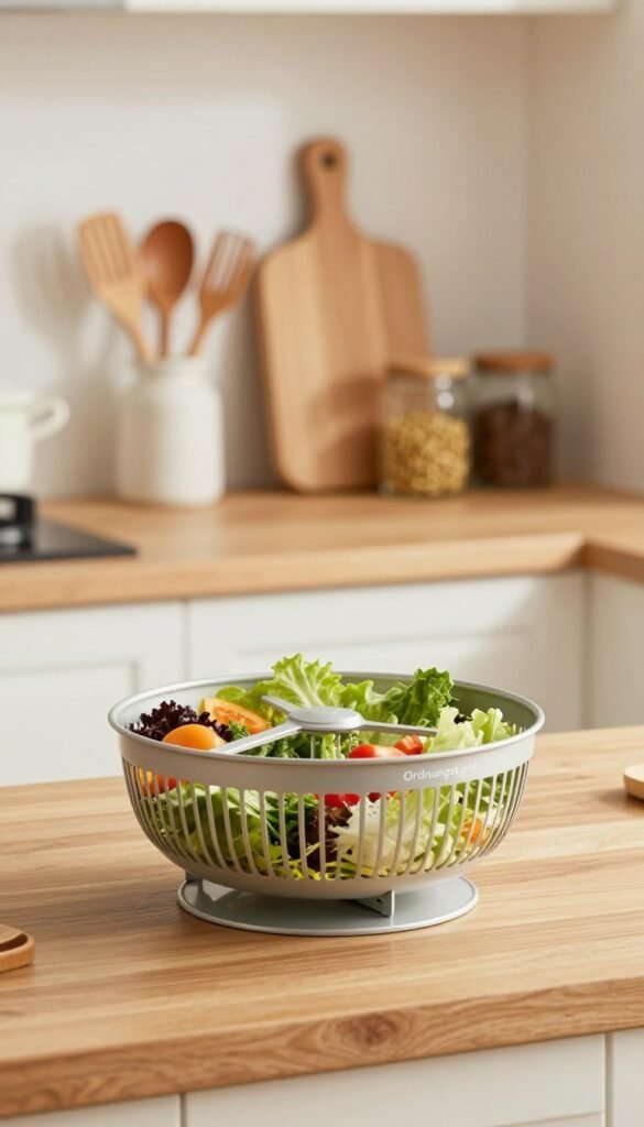 A beautifully arranged kitchen scene featuring a "Ordnungskiste" salad spinner elegantly positioned on a wooden countertop. In the foreground, the salad spinner is filled with fresh, vibrant greens and colorful vegetables, showcasing the versatility of this kitchen helper. The middle section includes a gently blurred background of neatly organized kitchen utensils, cutting boards, and jars filled with spices, highlighting a serene and functional kitchen environment. Soft, warm lighting bathes the scene, creating a cozy and inviting atmosphere. The image captures the essence of a quiet kitchen, with a shallow depth of field to emphasize the salad spinner while maintaining an authentic, Pinterest-inspired aesthetic. No text or branding is visible in the image except for the salad spinner design.