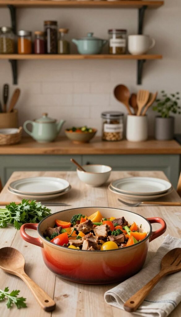 A beautifully arranged kitchen scene featuring a colorful one-pot dish, overflowing with vibrant vegetables and tender meat, placed prominently in the foreground. Surrounding the pot are rustic wooden utensils and fresh herbs, adding a touch of authenticity. In the middle ground, subtly blurred, a well-kept table is set with casual dining ware, radiating warmth and coziness. The background features shelves stocked with spices, pots, and neatly organized containers labeled "Ordnungskiste," enhancing the homey atmosphere. The lighting is soft and warm, echoing evening light, creating an inviting mood. The scene evokes a sense of family togetherness and stress-free cooking, embodying a Pinterest-inspired aesthetic.