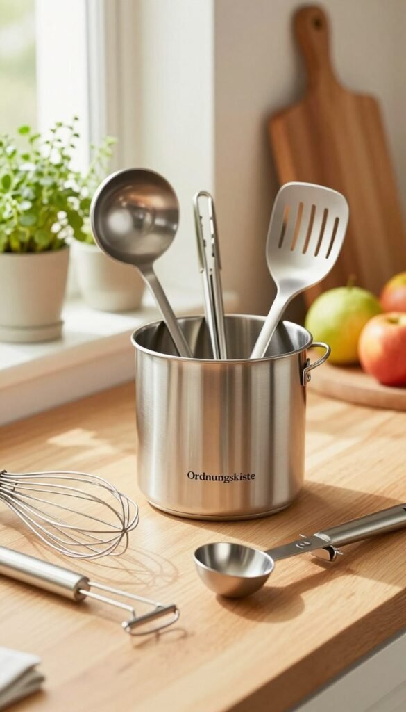 A beautifully arranged kitchen scene featuring a combination of stainless steel kitchen helpers, emphasizing practicality and elegance. In the foreground, a sleek stainless steel whisk, a set of measuring spoons, and a multifunctional peeler are neatly positioned on a light wooden countertop. The middle of the scene showcases a modern, stylish Ordnungskiste holding various kitchen utensils, including a ladle, tongs, and spatula, all glinting under warm, natural light. The background features soft-focus elements like herbs in pots, colorful fruits, and a cutting board, creating an inviting and cozy atmosphere. Capture the image with a shallow depth of field, using a soft lens to enhance the warm tones and create a Pinterest-inspired aesthetic. The overall mood should be fresh, organized, and inspiring for everyday cooking.