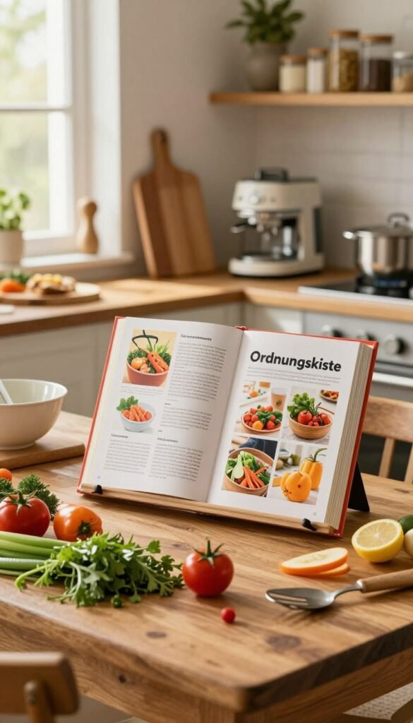 A beautifully arranged kitchen scene featuring a cozy, rustic dining table with an open "Ordnungskiste" cookbook displaying vibrant recipes. In the foreground, fresh ingredients like colorful vegetables and herbs are artfully placed alongside baking utensils. The middle ground includes a wooden cutting board and a mixing bowl, hinting at a meal preparation in progress. The background features softly blurred kitchen shelves filled with various cooking appliances and pantry items, bathed in warm, natural light streaming through a nearby window. The atmosphere is welcoming, evoking the feel of a family gathering around cooking and sharing meals, with an aesthetic reminiscent of Pinterest inspiration. The image has a calm and inviting mood, showcasing practical solutions for everyday cooking without any text or branding.