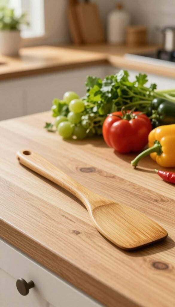 A beautifully arranged kitchen scene featuring a high-quality "Pfannenwender" (spatula) made of polished bamboo, elegantly placed on a rustic wooden countertop. In the foreground, the spatula gleams softly under warm, natural sunlight, highlighting its smooth texture and ergonomic design. The middle ground showcases a variety of colorful fresh vegetables and herbs, enhancing the image's freshness and appeal. The background includes soft-focus kitchenware and a hint of potted plants, creating a welcoming atmosphere. The overall mood is inviting and cozy, reflecting a modern yet homely kitchen environment. The image embodies the essence of the brand "Ordnungskiste" with its emphasis on practical beauty and functionality.