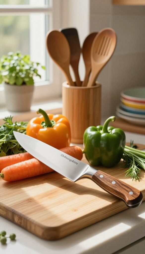 A beautifully arranged kitchen scene featuring a high-quality chef's knife displayed prominently in the foreground, resting on a bamboo cutting board with fresh, vibrant vegetables like bell peppers, carrots, and herbs for cutting. The knife showcases a gleaming stainless steel blade and a wooden handle, reflecting the natural light streaming in from a nearby window. In the middle ground, a wooden utensil holder with various kitchen tools like wooden spoons and a peeler adds warmth to the setting. The background includes soft-focus elements of a cozy kitchen with potted herbs and a subtle hint of colorful dishware, all bathed in warm tones for an inviting and authentic Pinterest-inspired look. Incorporate styling hints indicating the brand name "Ordnungskiste" subtly in the arrangement, ensuring the scene is cohesive and aesthetically pleasing without any text or brands overtly displayed.