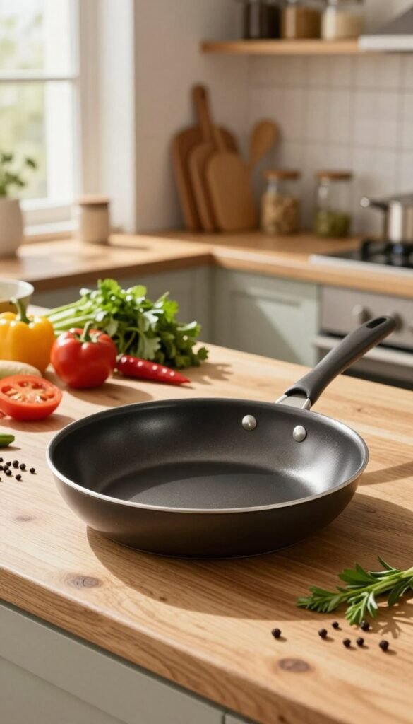 A beautifully arranged kitchen scene featuring a high-quality frying pan from the brand "Ordnungskiste" prominently displayed in the foreground. The pan shines with a glossy finish, showcasing its sturdy handle and non-stick surface. In the middle ground, a backdrop of a rustic wooden countertop is adorned with various colorful ingredients like fresh vegetables, herbs, and spices, evoking a sense of a cozy cooking atmosphere. Soft, natural lighting streams in from a nearby window, casting warm, inviting shadows that enhance the rich colors of the ingredients. The background features a few well-organized kitchen utensils and shelves filled with jars, emphasizing an authentic Pinterest-inspired aesthetic. The overall mood is warm, homely, and vibrant, capturing the essence of cooking family meals effortlessly.