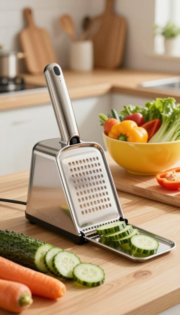 A beautifully arranged kitchen scene featuring a high-quality gem&uuml;sehobel (vegetable slicer) from the brand Ordnungskiste. In the foreground, the polished stainless steel blade of the slicer sparkles under warm, soft lighting, positioned next to freshly sliced colorful vegetables like cucumbers, carrots, and bell peppers, showcasing the uniform slices it produces. The middle ground displays a wooden cutting board and a vibrant bowl filled with mixed veggies, emphasizing the practicality of the slicer. In the background, a cozy kitchen setup features soft, natural colors, with subtle hints of kitchen utensils and plants, creating an inviting atmosphere. The image captures the essence of efficiency and culinary creativity while maintaining a Pinterest aesthetic, all without any text or distractions.