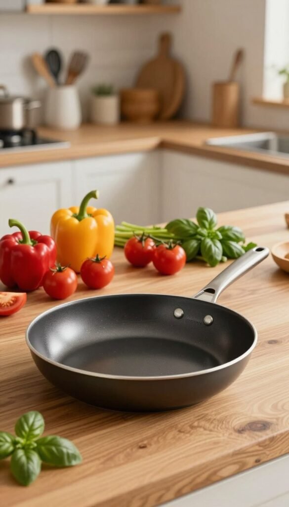 A beautifully arranged kitchen scene featuring a high-quality "pfanne" (frying pan) with a sleek, modern design from the brand "Ordnungskiste." In the foreground, showcase the frying pan on a rustic wooden countertop, glistening under soft, warm lighting to create a cozy atmosphere. In the middle ground, display a colorful array of fresh vegetables and herbs, such as bell peppers, tomatoes, and basil, artistically scattered around the pan, emphasizing the idea of quick, healthy cooking. In the background, include a softly blurred kitchen setting with well-organized shelves and cooking utensils to reflect a Pinterest-inspired aesthetic. Capture the image from a slightly elevated angle to highlight the vibrant ingredients and the elegance of the frying pan. The overall mood should feel inviting and warm, perfect for illustrating efficient cooking strategies.