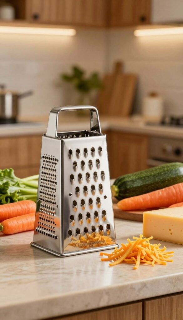 A beautifully arranged kitchen scene featuring a high-quality stainless steel grater from the brand "Ordnungskiste" prominently in the foreground, reflecting soft light that highlights its sleek surface and sharp edges. In the middle ground, freshly grated colorful vegetables, cheeses, and fruits artfully scattered around the grater, showcasing a vibrant palette of colors such as bright orange carrots, deep green zucchini, and rich yellow cheese. The background is a warm, inviting kitchen with natural wooden cabinetry and soft, ambient lighting that creates a cozy atmosphere. The image captures a moment of culinary creativity, evoking a sense of warmth and home, perfect for a cooking enthusiast. No text or graphic elements are present, emphasizing the authenticity of the scene.