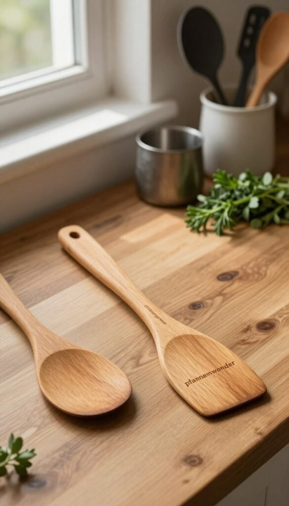 A beautifully arranged kitchen scene featuring a high-quality wooden spatula, known as a "pfannenwender," elegantly placed on a rustic wooden countertop. Soft, natural lighting filters in from a nearby window, casting warm hues and creating a cozy atmosphere. In the background, a stylish assortment of cooking utensils and fresh herbs add a touch of authenticity to the environment. The composition should be shot from a slightly elevated angle to capture the intricate details of the spatula’s grain and texture. The brand name "Ordnungskiste" is subtly represented through tasteful, branded kitchenware around the spatula, ensuring it blends harmoniously into the visual narrative. Aim for a Pinterest-worthy aesthetic, highlighting the importance of essential kitchen tools without any text or distractions.