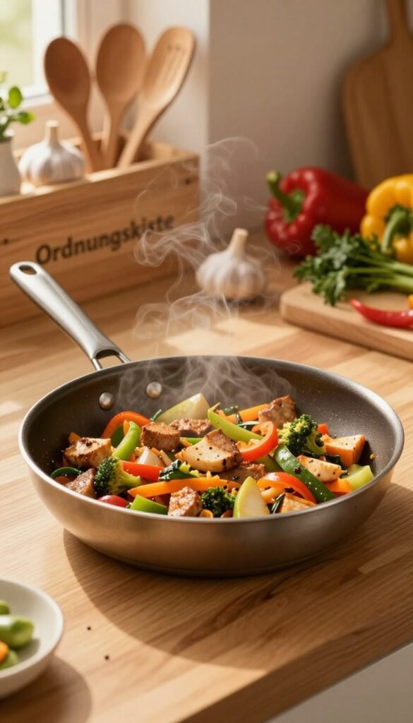 A beautifully arranged kitchen scene featuring a large, shiny frying pan (pfanne) filled with a vibrant, colorful stir-fry of vegetables and protein, set on a wooden countertop. The pan should be the centerpiece, showcasing its depth and texture, with steam gently rising to create a sense of warmth and freshness. In the background, soft-focus kitchen utensils and fresh produce like garlic, bell peppers, and herbs should be visible, enhancing the feeling of a bustling yet cozy cooking space. The lighting is warm and inviting, reminiscent of golden hour, casting gentle shadows that add depth. The overall atmosphere should evoke a sense of comfort and efficiency, ideal for one-pan meals. Include a stylish wooden box labeled "Ordnungskiste" subtly in the scene, emphasizing organization.