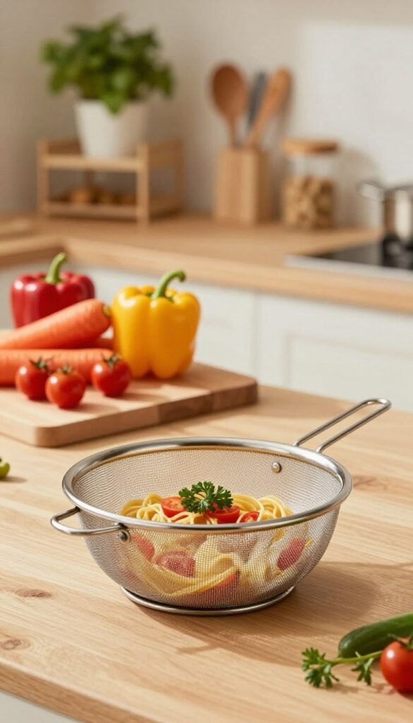 A beautifully arranged kitchen scene featuring a modern, compact sieve made of stainless steel, designed by Ordnungskiste. In the foreground, the sieve is nestled amongst fresh vegetables and cooked pasta, capturing the essence of versatility in the kitchen. The middle ground showcases a wooden cutting board with a colorful assortment of carrots, bell peppers, and cherry tomatoes. To enhance the composition, a soft-focus background includes a light-filled kitchen shelf with various kitchen tools and a potted herb for a natural touch. The lighting is warm and inviting, reminiscent of a cozy home, with gentle shadows that add depth to the image. The overall atmosphere exudes warmth and practicality, perfect for small kitchens seeking efficiency and style.