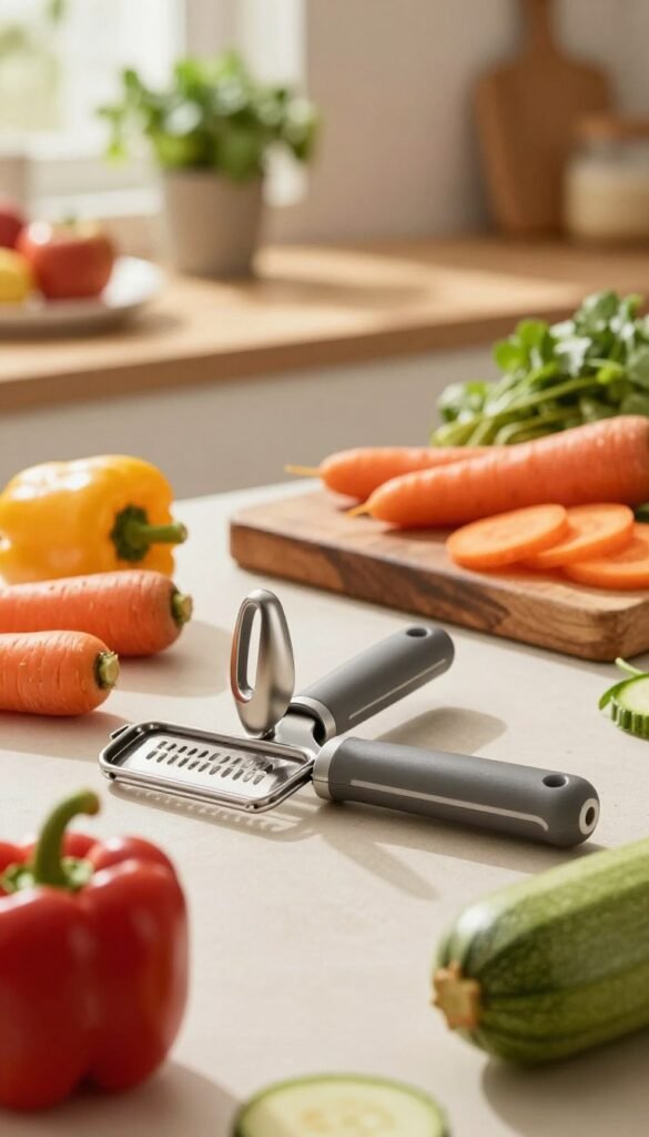 A beautifully arranged kitchen scene featuring a multifunctional vegetable hand tool by "Ordnungskiste". In the foreground, the tool showcases its various attachments, like a peeler, slicer, and grater, all crafted with sleek designs and ergonomic handles. Fresh, vibrant vegetables like carrots, bell peppers, and zucchini are artfully placed around the tool, emphasizing its versatility. The middle ground includes a rustic wooden cutting board and an assortment of colorful ingredients, capturing an inviting culinary atmosphere. Soft, warm lighting illuminates the scene, creating a cozy and welcoming vibe, with natural shadows adding depth. The background features softly blurred kitchen elements like herbs in pots and a hint of sunlight filtering through a window, enhancing the authentic Pinterest aesthetic without any text or distractions.