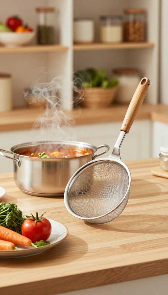 A beautifully arranged kitchen scene featuring a "schaumlöffel" (skimmer) from the brand "Ordnungskiste." In the foreground, the polished stainless steel skimmer gleams under warm, natural lighting, showcasing its fine mesh surface and elegant wooden handle. To the side, a simple, rustic plate holds a colorful array of fresh vegetables and herbs, hinting at culinary creativity. In the middle ground, there is a pot simmering with a rich sauce, steam gently rising, creating an inviting atmosphere. The background consists of softly blurred kitchen shelves stocked with neatly organized utensils and ingredients, all bathed in a cozy, warm color palette. The scene radiates authenticity and a homey feel, ideal for illustrating kitchen essentials.