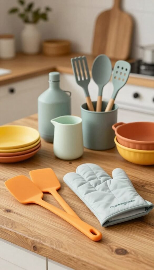 A beautifully arranged kitchen scene featuring a selection of heat-resistant kitchen utensils from the brand "Ordnungskiste". In the foreground, a silicon spatula and oven mitt, showcasing vibrant colors and a smooth texture, are placed on a rustic wooden counter. The middle ground displays a variety of kitchen tools in an artistically organized manner, emphasizing diverse shapes and sizes, highlighting the importance of material mix. Soft, warm lighting enhances the natural colors of the utensils, creating a cozy and inviting atmosphere. The background features a blurred kitchen with elegant decor, reinforcing an authentic Pinterest aesthetic. The overall mood is cheerful and functional, perfect for inspiring readers about essential online purchasing criteria.