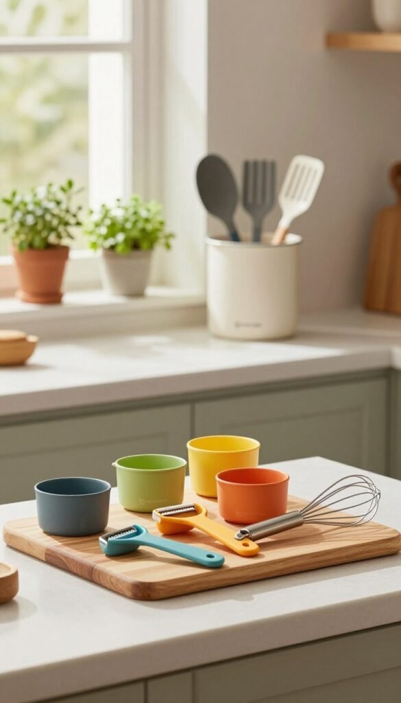 A beautifully arranged kitchen scene featuring a selection of kitchen tools and gadgets from the brand "Ordnungskiste". In the foreground, a wooden cutting board displays an assortment of colorful, modern kitchen helpers such as a set of measuring cups, a vegetable peeler, and a whisk, emphasizing the convenience of sets versus individual pieces. In the middle, an elegant countertop holds a stylish storage container filled with utensils, with fresh herbs in small pots adding a touch of greenery. The background shows soft, warm light filtering through a window, creating a cozy atmosphere. The scene captures a Pinterest-worthy aesthetic, inviting and organized, perfect for illustrating the theme of choosing between sets or individual kitchen tools.