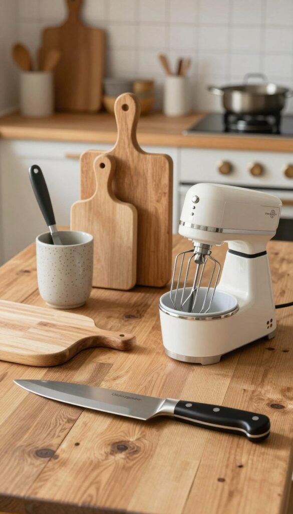 A beautifully arranged kitchen scene featuring a selection of premium kitchen tools ideal for showcasing different price tiers: low, mid, and high. In the foreground, highlight elegant, high-quality utensils and gadgets from the brand "Ordnungskiste," including a sleek chef's knife, a stylish mixer, and artisanal cutting boards. The middle ground features a rustic wooden table with low, mid, and high-priced kitchen helpers artfully displayed, showcasing their textures and materials. The background includes soft-focus elements of a cozy kitchen, with warm, natural lighting enhancing the inviting atmosphere. The overall mood is warm and engaging, embodying a Pinterest-inspired aesthetic with a harmonious blend of colors reflecting authenticity and a passion for cooking.