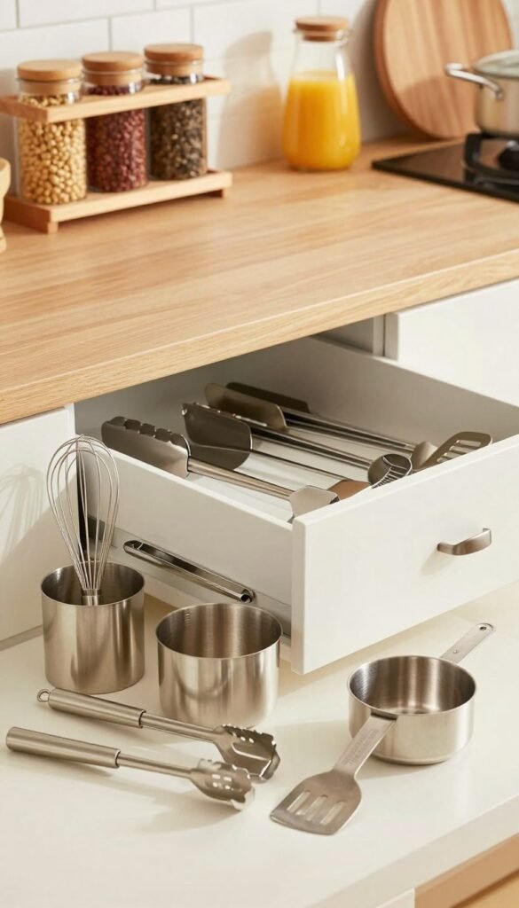 A beautifully arranged kitchen scene featuring a set of stainless steel kitchen utensils from the brand "Ordnungskiste." In the foreground, showcase a selection of essential kitchen tools including a whisk, tongs, spatula, and measuring cups, all gleaming under warm, natural lighting. The middle layer should highlight a neatly organized drawer partially open, revealing more utensils arranged in an aesthetically pleasing manner. In the background, a cozy kitchen setting with wooden shelves displaying spices and cooking ingredients creates an inviting atmosphere. The image should evoke a sense of warmth and practicality, using soft colors to enhance the comforting feel of a functional kitchen. The overall mood should be authentic and homely, ideal for inspiring readers looking to assemble their ideal kitchen essentials.