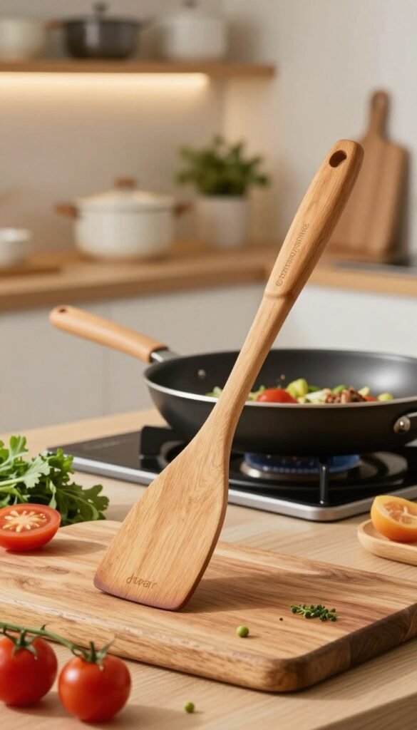 A beautifully arranged kitchen scene featuring a sleek, high-quality "pfannenwender" (spatula) made from durable wood, showcasing its elegant design and ergonomic handle. In the foreground, the spatula rests on a rustic wooden cutting board, with fresh vegetables and herbs scattered around, adding vibrant colors. The middle ground features a frying pan with sizzling ingredients, capturing the essence of gentle cooking and flipping. The background includes softly lit kitchen shelves adorned with organized cookware and a hint of greenery, creating a warm and inviting atmosphere. The image employs gentle natural lighting, emphasizing warm tones and a Pinterest-inspired aesthetic, while ensuring a clean, authentic look without any text or watermarks. The brand name "Ordnungskiste" is subtly integrated into the scene, enhancing the professional feel.