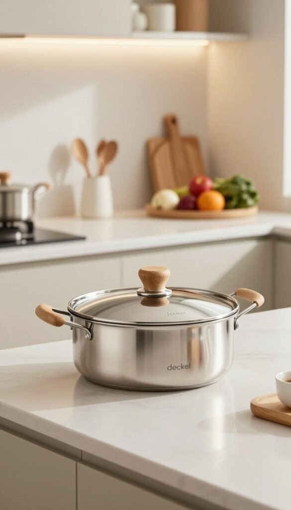 A beautifully arranged kitchen scene featuring a sleek, modern "deckel" (lid) from the brand Ordnungskiste, placed gracefully atop a minimalist pot. In the foreground, the deckel showcases its elegant design, crafted from high-quality stainless steel with a smooth, brushed finish and a subtle wooden handle for a touch of warmth. The middle ground displays a stunningly organized kitchen countertop, adorned with soft, natural kitchen utensils and elegant produce, reflecting a tranquil atmosphere. In the background, the soft glow of ambient lighting casts gentle shadows, enhancing the warm color palette reminiscent of Pinterest aesthetics. The overall mood is serene and inviting, perfect for showcasing the essence of quiet kitchen helpers.