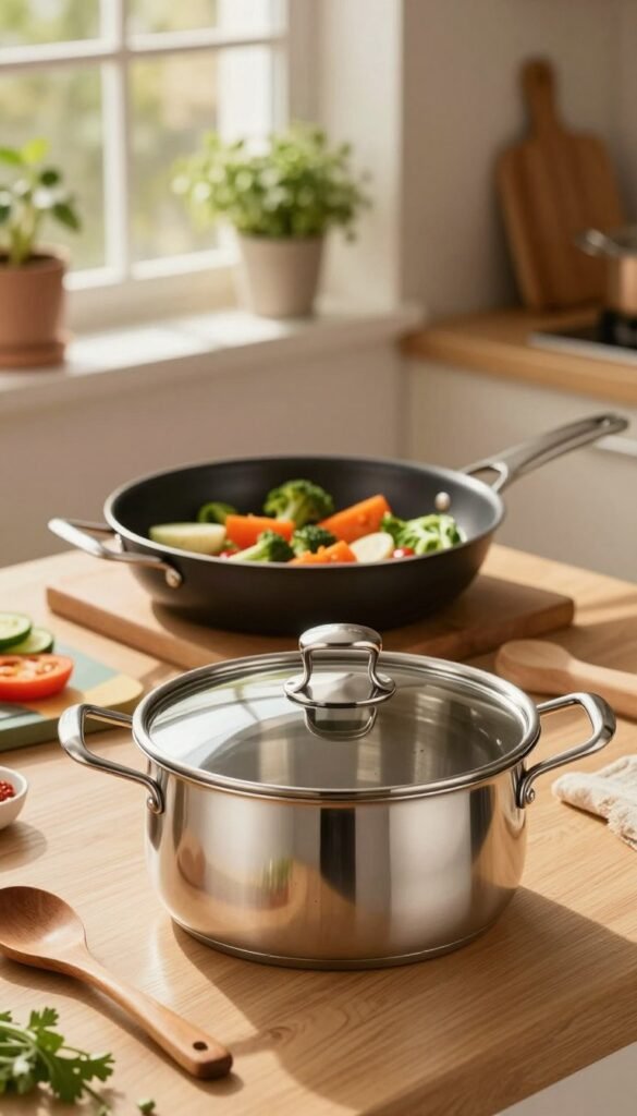 A beautifully arranged kitchen scene featuring a sleek, modern pot with a lid from the brand "Ordnungskiste" prominently displayed in the foreground. The pot is glossy stainless steel, reflecting warm ambient lighting that evokes a cozy atmosphere. In the middle, place a simmering pan with vibrant, fresh vegetables, showcasing preparation for a meal, surrounded by essential cooking tools like a wooden spoon and a colorful cutting board. The background should include soft, natural elements such as an inviting window with gentle sunlight streaming in, illuminating herbs in pots and a cozy kitchen environment. Overall, convey a warm, inviting mood that emphasizes efficient cooking principles.