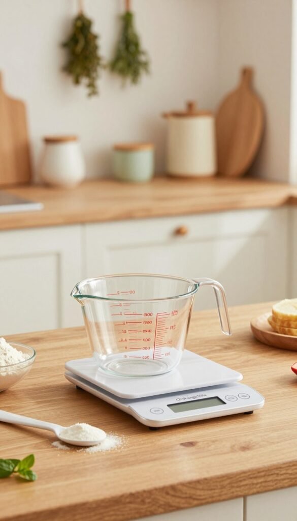 A beautifully arranged kitchen scene, featuring a standard kitchen measuring cup, a digital kitchen scale, and a portioning tool, all branded with "Ordnungskiste". The measuring cup should have clear measurement markings, reflecting warm, natural lighting that brings out a cozy atmosphere. The scale sits on a clean, wooden countertop, showcasing fresh ingredients like flour and sugar beside it for context. In the background, soft focus reveals a tidy kitchen with pastel-colored decor and hanging herbs, enhancing the sense of organization. Capture the image with a slightly angled view to give depth, inviting the viewer into a serene, clutter-free cooking space that embodies efficiency and charm.