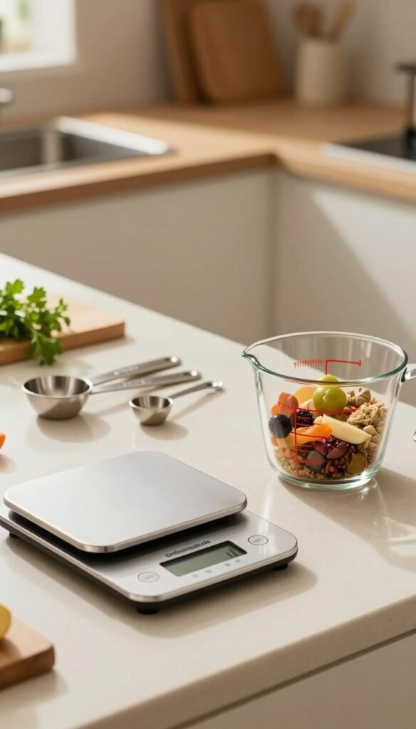 A beautifully arranged kitchen scene featuring a stylish kitchen scale and a measuring cup from the brand "Ordnungskiste." The foreground showcases the kitchen scale, elegantly designed with a digital display, next to a transparent measuring cup filled with colorful ingredients. In the middle, a collection of precise measuring spoons complements the setup, adding a touch of functionality. The background features a softly lit kitchen countertop with hints of fresh herbs and a wooden cutting board, enhancing the inviting atmosphere. Warm, natural lighting casts gentle shadows, creating a cozy vibe. The overall composition reflects authenticity and a Pinterest-worthy aesthetic, highlighting the importance of precision in cooking.