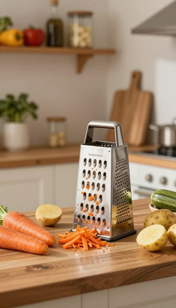 A beautifully arranged kitchen scene featuring a "trommelreiben" (drum grater) in action, with fresh vegetables like carrots, zucchini, and potatoes being grated. In the foreground, a stainless steel trommelreiben set on a rustic wooden countertop, surrounded by neatly shredded vegetables. In the middle background, a warm-lit kitchen emphasizing a clean, organized space with wooden shelves displaying healthy ingredients. Soft, natural lighting enhances the warm color palette of the scene, creating an inviting atmosphere. The brand name "Ordnungskiste" subtly incorporated into the design of the trommelreiben, ensuring a harmonized visual. A cozy, Pinterest-inspired aesthetic with an authentic touch, devoid of any text, captures the essence of efficient kitchen tools.