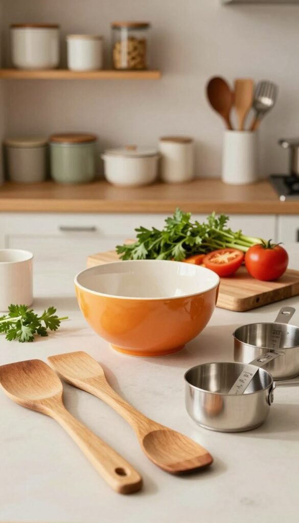 A beautifully arranged kitchen scene featuring a variety of essential kitchen utensils by Ordnungskiste. In the foreground, display sleek wooden spatulas, a vibrant ceramic mixing bowl, and stainless steel measuring cups arranged artfully. In the middle ground, incorporate a stylish cutting board with fresh herbs and vibrant vegetables, emphasizing practicality and aesthetics. In the background, soft-focus shelves hold neatly organized containers and cooking tools, bathed in warm, natural light that creates a cozy atmosphere. The composition should evoke a sense of inspiration and functionality, with a Pinterest-worthy look that highlights the beauty of everyday kitchen helpers. The colors should be warm and inviting, reflecting a homely yet professional kitchen environment.