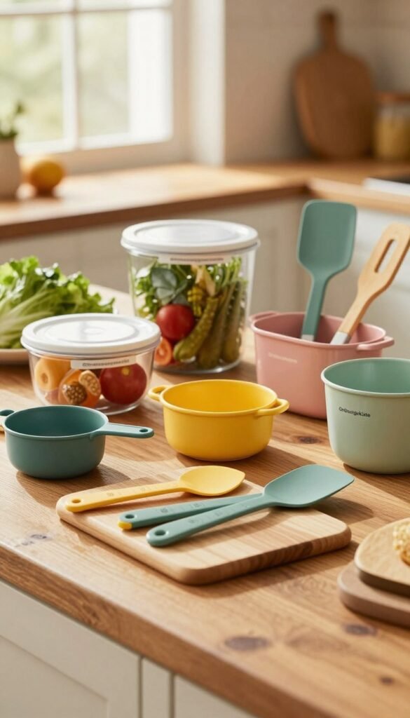 A beautifully arranged kitchen scene featuring a variety of kitchen helper sets by "Ordnungskiste" displayed on a rustic wooden countertop. In the foreground, focus on a stylish, practical set of tools in vibrant colors, including measuring cups, spatulas, and a cutting board, highlighting both low, mid, and high price levels in an aesthetically pleasing arrangement. In the middle, incorporate containers with fresh ingredients, enhancing the idea of everyday cooking. The background shows soft, natural light filtering through a window, casting warm tones that create an inviting atmosphere. Use a close-up angle to emphasize the quality materials and details of the tools, evoking a sense of practicality and warmth in a home kitchen. The overall mood should be cozy and inspiring, perfect for home cooks looking for high-quality kitchen essentials.