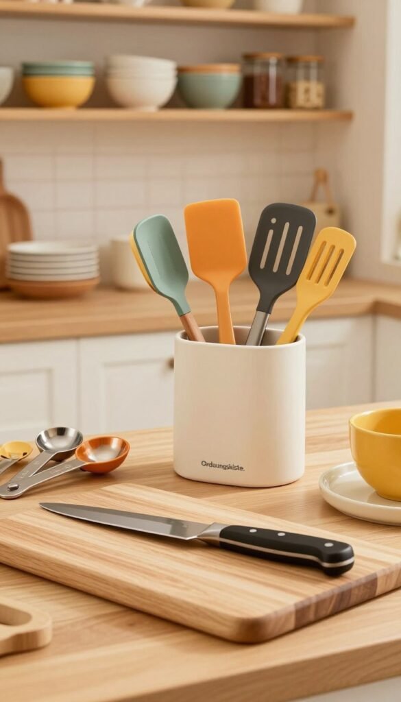 A beautifully arranged kitchen scene featuring an assortment of essential kitchen helpers from the brand "Ordnungskiste." In the foreground, highlight a sleek, modern wooden cutting board with a sharp knife, a set of measuring spoons, and a colorful array of spatulas. The middle ground shows a neatly organized utensil holder showcasing various tools and gadgets, all radiating warm colors that create a cozy atmosphere. The background features soft-focus shelves lined with neatly stacked bowls and jars, enhancing the sense of order. The scene is well-lit with warm, natural lighting, evoking a Pinterest-worthy vibe. The overall mood is inviting and comforting, reflecting the transformation a well-organized kitchen can achieve. No text or branding visible in the image.