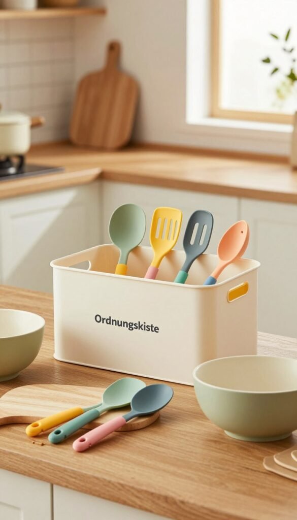 A beautifully arranged kitchen scene featuring an assortment of practical kitchen tools made from high-quality nylon and Kunststoff, showcasing their durability and versatility. In the foreground, a colorful selection of nylon utensils with ergonomic handles, a cutting board, and mixing bowls are artistically displayed on a wooden countertop. The middle ground features a stylish Ordnungskiste storage box to keep everything organized, all presented in a warm, inviting kitchen environment. The background displays soft-focus kitchen cabinetry with natural light streaming in through a window, creating a cozy and functional atmosphere. The image overall embodies a modern, Pinterest-inspired aesthetic, highlighting the appeal of economical yet effective kitchen materials.