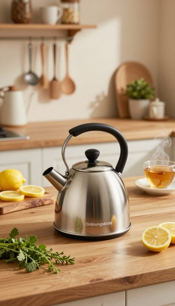 A beautifully arranged kitchen scene featuring an elegant "Ordnungskiste" water kettle, designed with a sleek stainless-steel exterior and a simple, modern aesthetic. In the foreground, the kettle sits on a wooden countertop, surrounded by colorful, freshly picked herbs and a small potted plant. The middle ground showcases a rustic wooden cutting board with sliced lemons and a steaming cup of tea, emphasizing the kettle's functionality. The background features softly blurred kitchen shelving, adorned with various kitchen tools and warm lighting that casts gentle shadows, creating an inviting atmosphere. The color palette is warm and natural, evoking a cozy home ambiance, perfect for showcasing small kitchen appliances that enhance daily life.