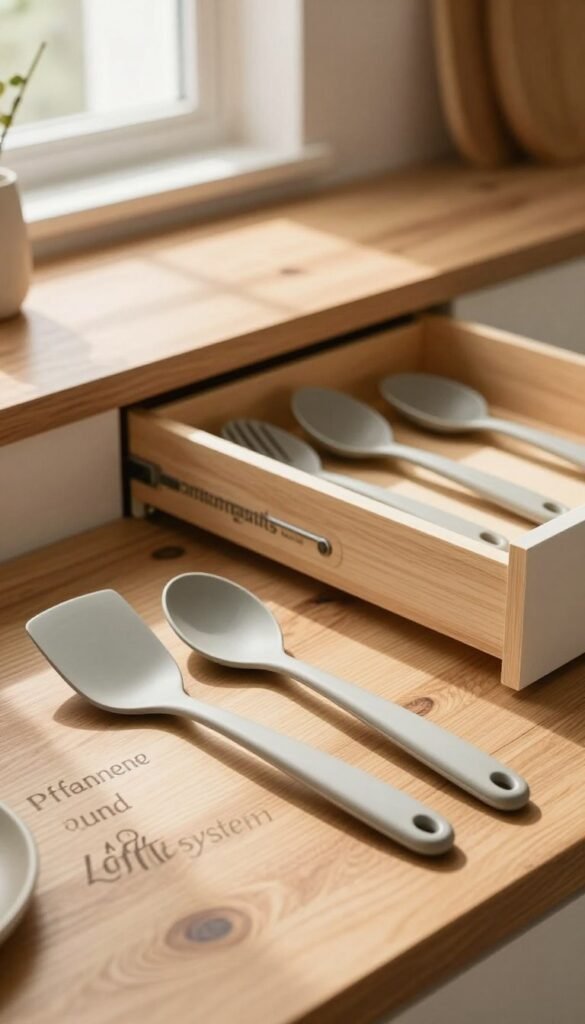 A beautifully arranged kitchen scene featuring an innovative "Pfannenwender und L&ouml;ffel system" by the brand Ordnungskiste. In the foreground, a modern spatula and spoon with interchangeable parts are artistically displayed on a rustic wooden countertop, showcasing their sleek design and functionality. The middle ground includes a neatly organized drawer partially open, revealing additional interchangeable components, all crafted from high-quality materials. The background is softly blurred, highlighting warm, natural light pouring in from a window, casting gentle shadows that create an inviting atmosphere. The color palette is warm and earthy, emphasizing a cozy, Pinterest-worthy aesthetic that feels both authentic and stylish. The image is free from any text, logos, or watermarks, focusing solely on the kitchen tools.