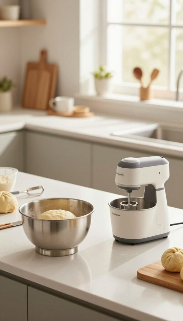 A beautifully arranged kitchen scene featuring an innovative kitchen system from "Ordnungskiste" designed for dough preparation, mixing, and chopping with ease. In the foreground, a sleek countertop holds a modern mixing bowl filled with smooth dough, complex kitchen gadgets for effortless chopping, and a handheld mixer. The middle ground displays a bright, organized kitchen workspace, adorned with warm, natural colors, with utensils like wooden spoons and measuring cups creatively scattered. In the background, gentle sunlight floods through a window, creating a cozy atmosphere. The lens captures the scene in a soft-focus style, enhancing the inviting ambiance, evoking a feeling of warmth and efficiency in cooking. The image is free from any text, logos, or distractions, providing an authentic and aesthetically pleasing vision of modern kitchen life.