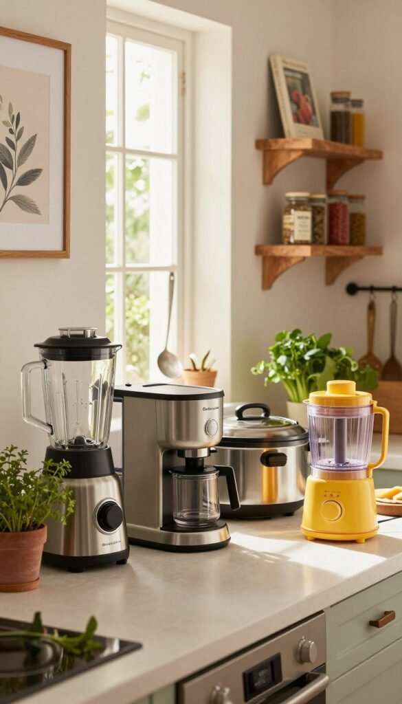 A beautifully arranged kitchen scene featuring essential kitchen appliances that are popular in many households, such as a sleek stainless steel blender, a modern coffee maker, a practical multi-cooker, and a vibrant food processor. The foreground should showcase these appliances on a well-organized countertop, with lush green herbs in small pots adding a touch of freshness. In the middle, a sunlit window filters warm, natural light, casting gentle shadows, while kitchen utensils hang neatly on the wall, enhancing the atmosphere of order and functionality. In the background, tasteful wall art and rustic wooden shelves display neatly arranged spices and cookbooks, contributing to a cozy, inviting mood. Incorporate the brand name "Ordnungskiste" subtly on one of the appliances, ensuring authenticity without text overlays. Opt for a soft focus effect to create a Pinterest-worthy aesthetic.
