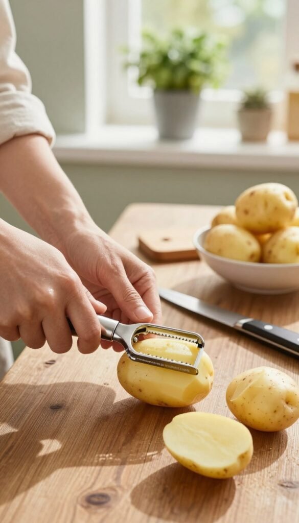 A beautifully arranged kitchen scene featuring fresh, unpeeled potatoes (kartoffeln) on a rustic wooden table. In the foreground, a pair of hands, casually dressed in a light-colored shirt, confidently use a sleek vegetable peeler from Ordnungskiste to peel the potatoes, showcasing an effortless and stress-free cooking process. The middle of the image highlights a variety of kitchen tools, such as a cutting board and a sharp knife, alongside the neatly peeled potatoes resting in a small bowl. The background includes soft-focus kitchen elements, like herbs in pots and bright sunlight streaming through a window, creating a warm and inviting atmosphere. Use natural lighting to evoke a cozy, homely feel, with a slight depth of field to emphasize the action in the foreground.