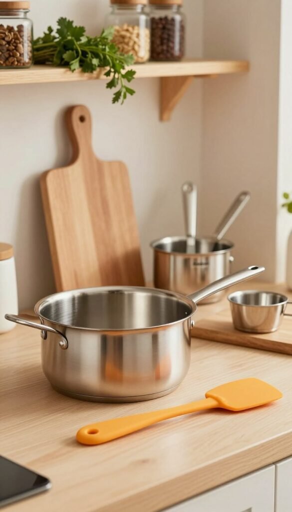 A beautifully arranged kitchen scene featuring high-quality "Edelstahl" (stainless steel) and "Silikon" (silicone) kitchen utensils from the brand "Ordnungskiste." In the foreground, showcase a sleek stainless steel saucepan and a vibrant silicone spatula, highlighting their contrasting textures and colors. The middle ground reveals other kitchen tools, such as a cutting board and measuring cups, made of both materials, harmoniously blending together. The background subtly features a warm, softly lit kitchen environment with wooden shelves displaying herbs and spices. Use natural lighting to create a cozy mood, emphasizing the authentic and lasting quality of these kitchen essentials. Capture the scene from a slightly elevated angle to add depth, focusing on the warmth and inviting atmosphere of the space.