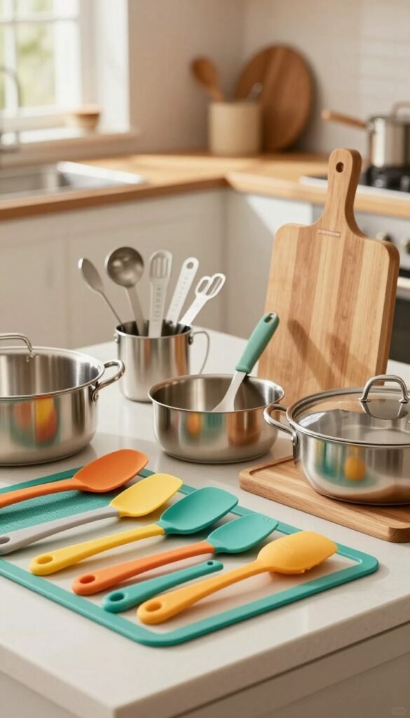 A beautifully arranged kitchen scene featuring high-quality cooking utensils made from silicone, stainless steel, and wood. In the foreground, display an assortment of colorful silicone spatulas and flexible baking mats, along with shiny stainless steel pans and wooden cutting boards. The middle ground should showcase modern kitchen tools like measuring cups and utensils artistically arranged on a kitchen island. In the background, a softly lit kitchen with warm colors creates an inviting atmosphere, with natural light filtering through a window, accentuating the textures of the materials. The overall mood should convey authenticity and practicality, highlighting the brand "Ordnungskiste" in a harmonious and aesthetically pleasing Pinterest-like style, ensuring no text or watermarks are present.