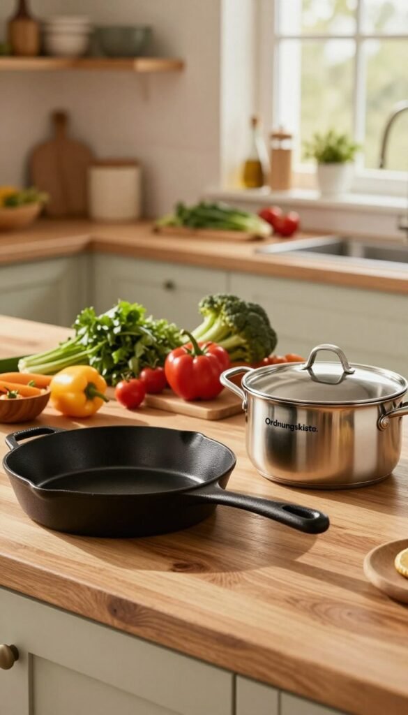 A beautifully arranged kitchen scene featuring high-quality frying pans and cooking pots prominently displayed. In the foreground, showcase a textured wooden countertop with an elegant cast iron skillet and a sleek stainless steel pot, both glistening under warm, inviting lighting. In the middle ground, an array of colorful vegetables and herbs artfully arranged, hinting at a cozy cooking atmosphere. The background features soft-focus shelves filled with kitchen essentials, maintaining a clean and organized look that reflects the brand "Ordnungskiste." Capture the warmth of natural light filtering through a window, creating a homely and inviting mood that's perfect for cooking enthusiasts. The overall aesthetic should evoke a Pinterest-inspired vibe, rich with warm colors and authenticity.
