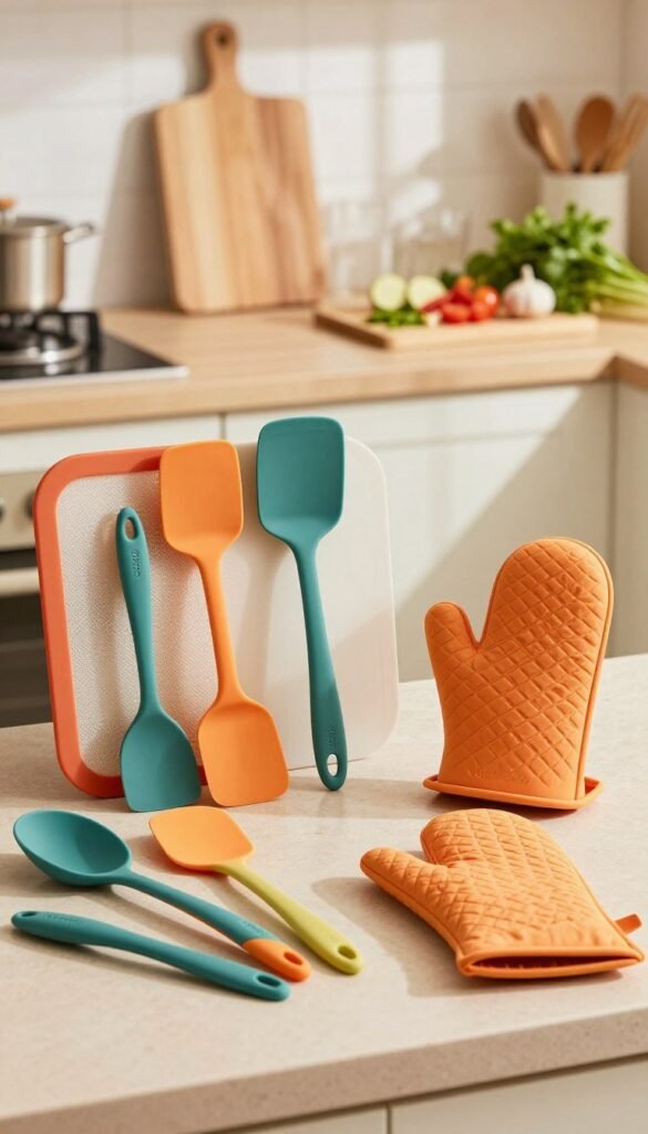 A beautifully arranged kitchen scene featuring high-quality heat-resistant silicone kitchen tools from the brand "Ordnungskiste". In the foreground, display a vibrant assortment of silicone utensils such as spatulas, baking mats, and oven mitts, showcasing their rich colors and textures. The middle ground should include a well-organized kitchen countertop with a stylish cutting board and some fresh ingredients like vegetables and herbs nearby, hinting at culinary creativity. In the background, a softly blurred kitchen setting is visible, with warm, natural lighting casting gentle shadows, creating an inviting atmosphere. The overall mood is one of sophisticated functionality, emphasizing the practical benefits of silicone kitchenware, while maintaining a Pinterest-worthy aesthetic.