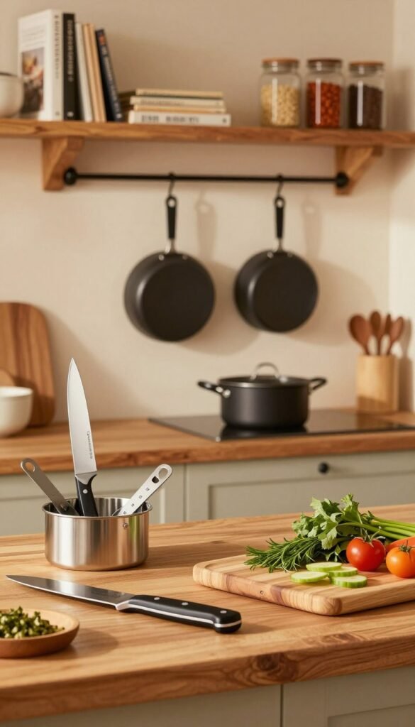 A beautifully arranged kitchen scene featuring high-quality kitchen tools from the brand "Ordnungskiste." In the foreground, a wooden countertop displays an array of sleek kitchen gadgets such as a premium chef's knife, a stainless steel measuring set, and a stylish cutting board adorned with fresh herbs and colorful vegetables. The middle ground presents a cozy cooking space with pots and pans hanging on the wall, illuminated by soft, warm lighting that creates an inviting atmosphere. In the background, a rustic wooden shelf showcases neatly organized cookbooks and stylish jars filled with spices, enhancing the Pinterest-inspired aesthetic. The overall mood is warm and welcoming, inviting viewers to explore their culinary creativity. No text or watermarks are present.