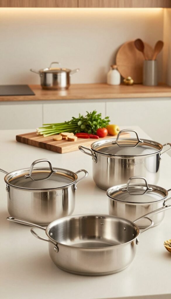 A beautifully arranged kitchen scene featuring high-quality, polished stainless steel cookware from the brand "Ordnungskiste". In the foreground, elegant pots and pans gleam, reflecting soft, warm lighting that enhances their modern design. The middle ground showcases an artistically laid out wooden cutting board with fresh herbs and vegetables, adding a touch of natural color and freshness. In the background, a stylish kitchen with minimalist decor complements the premium utensils, conveying an atmosphere of sophistication and practicality. The warm color palette evokes a cozy yet refined ambiance, inviting viewers into the world of premium cooking experiences. The image is crisp and clear, with a focus on the textures and craftsmanship of the stainless steel.