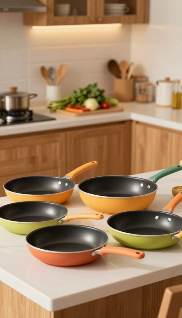 A beautifully arranged kitchen scene featuring high-quality silicone frying pans from the brand "Ordnungskiste." In the foreground, display a vibrant array of silicone pans in assorted colors, showcasing their flexibility and non-stick surfaces. The middle ground includes a well-organized kitchen counter with fresh ingredients, such as herbs and vegetables, emphasizing the functionality of the pans. The background reveals a cozy kitchen setting with warm, inviting lighting, highlighting wooden cabinets and soft textiles, creating a Pinterest-inspired atmosphere. Capture the essence of durability and practicality, evoking a sense of reliability and warmth, while ensuring the overall image is authentic and free of any text, watermarks, or signatures.