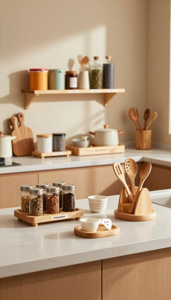 A beautifully arranged kitchen scene featuring modular kitchen helpers under the brand name "Ordnungskiste." In the foreground, showcase a sleek, functional countertop with various kitchen tools like a multi-tiered spice rack, collapsible measuring cups, and a stackable utensil organizer, all made of natural materials. In the middle ground, display a stylish cooking area with open shelves filled with colorful containers and labels for easy organization. The background should depict a warm, inviting kitchen with soft lighting that casts gentle shadows, highlighting the textures of wood and metal. The overall atmosphere should feel cozy and practical, inviting viewers to imagine how these modular kitchen systems enhance everyday cooking experiences. Aim for a Pinterest-worthy aesthetic with natural colors.